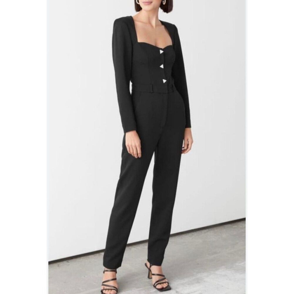 & OTHER STORIES Black Sweet Heart Neck Bling Triangle Button Jumpsuit Size 2